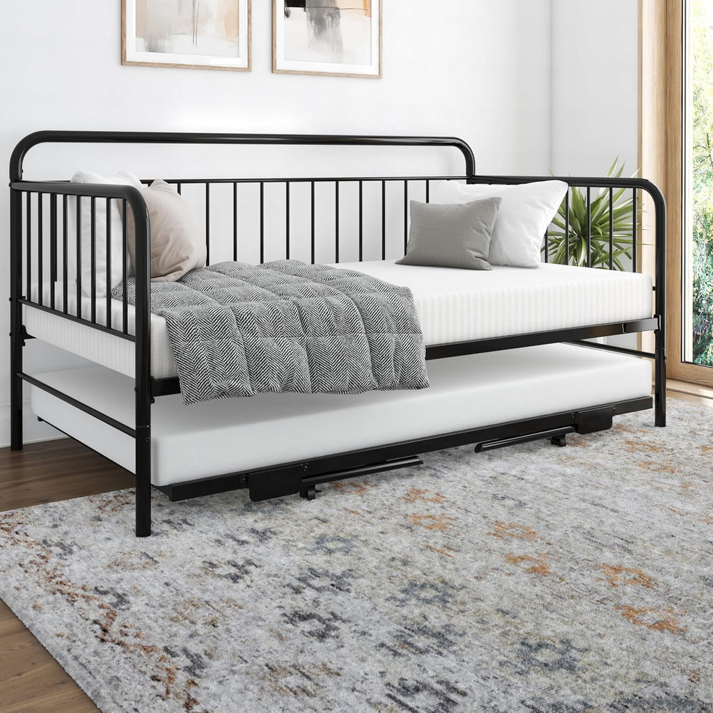 Black Metal Twin Daybed with Pop Up Trundle Bed B83178