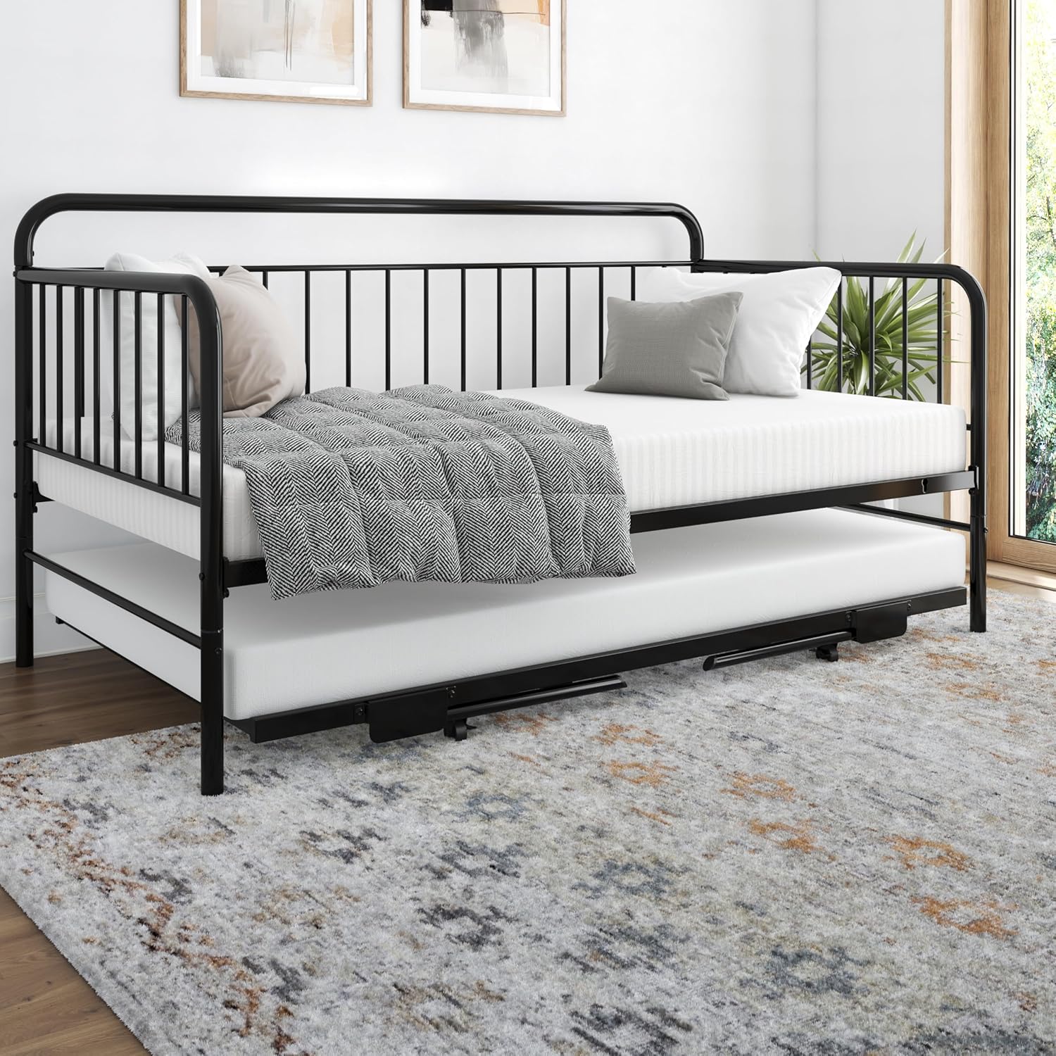 Black Metal Twin Daybed with Pop Up Trundle Bed B83178