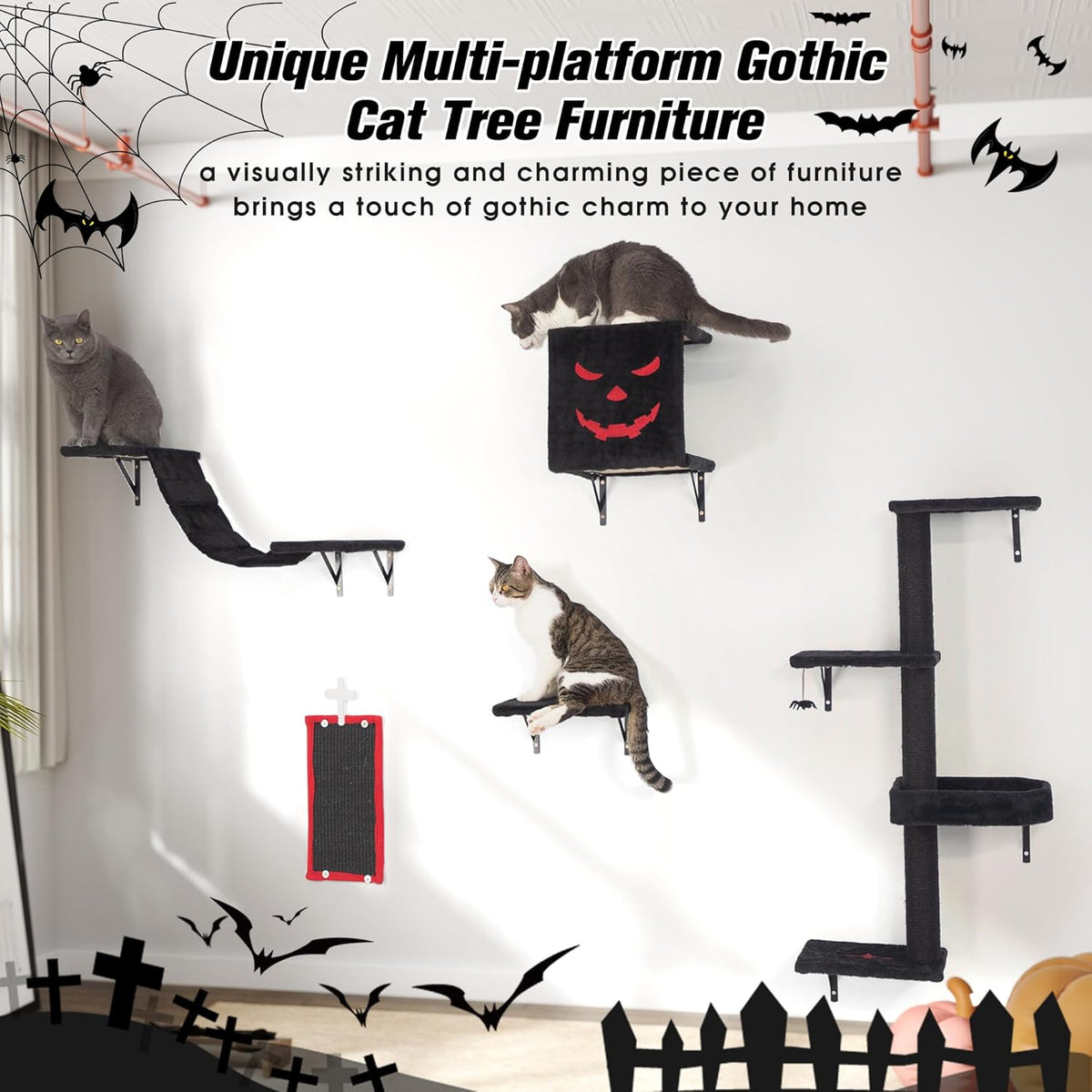 5-Piece Cat Wall Furniture Set with Shelves, Scratcher, Bridge & Perch L265848