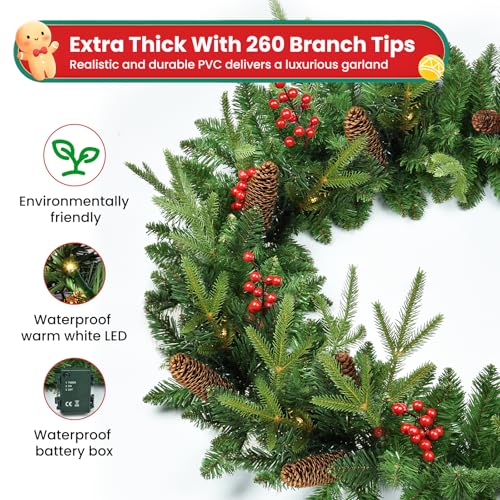 9ft Pre-Lit Artificial Christmas Garland with Pine Cones & Red Berries G44786
