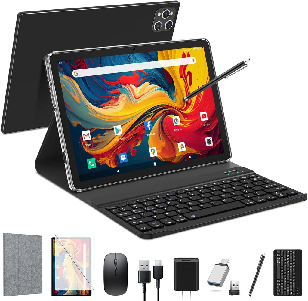 10 Inch Android Tablet with Keyboard, 128GB ROM + 16GB RAM, Octa-Core Processor R423