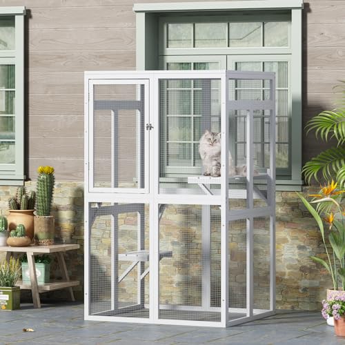 White Wooden Cat Enclosure with 3 Platforms M25987