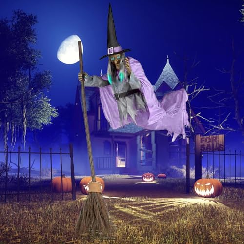 6FT Animated Flying Witch Halloween Decor with Scary Sounds and Lights A300133