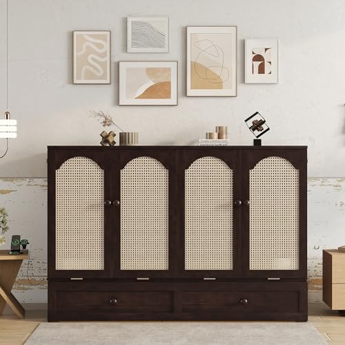 Queen Murphy Bed Cabinet with Charging Station & Rattan Design – Wall Bed with Large Storage Drawer, Foldable Platform Bed – Pine Wood Construction, Walnut L94620