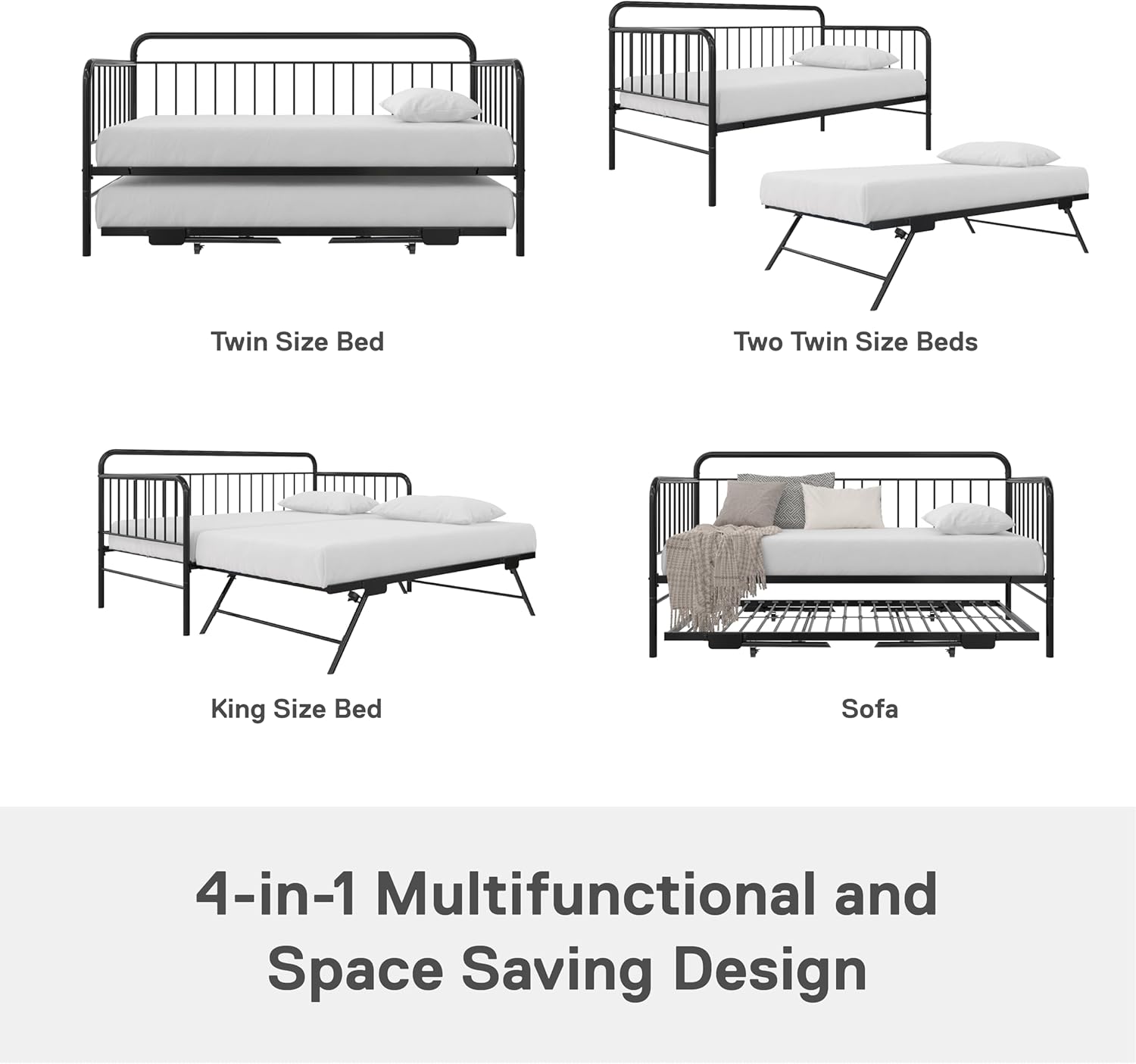 Black Metal Twin Daybed with Pop Up Trundle Bed B83178