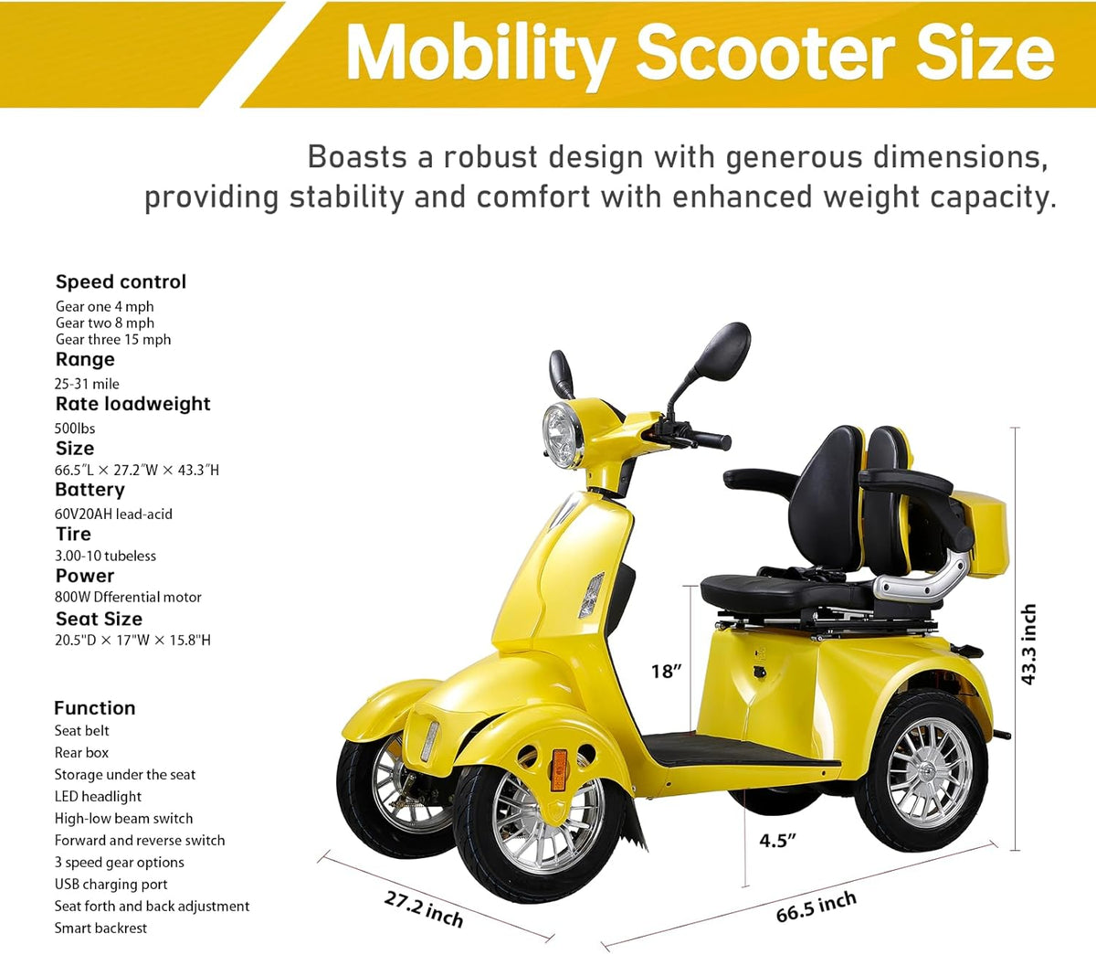 Yellow 4 Wheel Mobility Scooter 500lbs Capacity F9890