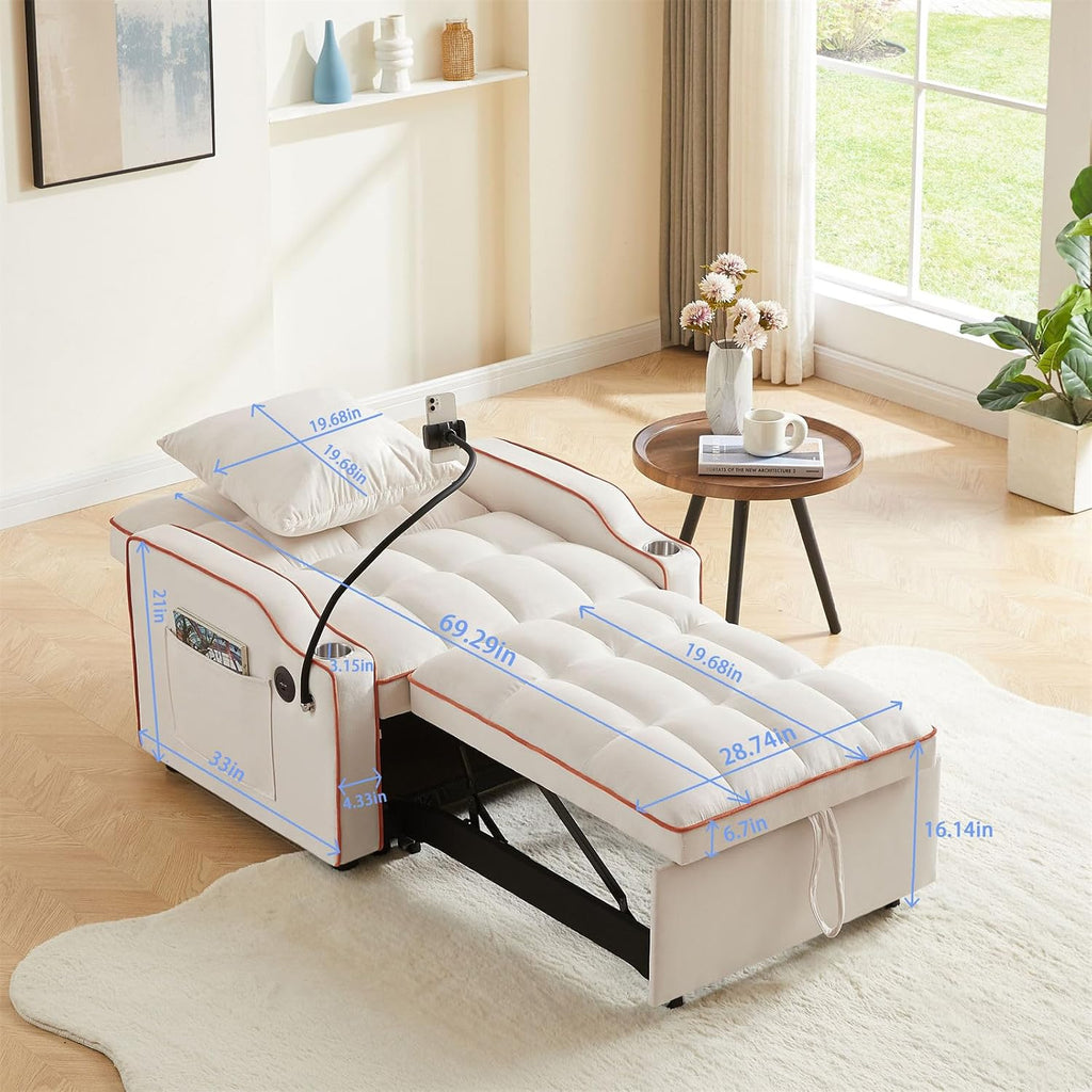3-in-1 Convertible Pull Out Sleeper Chair Bed with Multi-Pockets B888