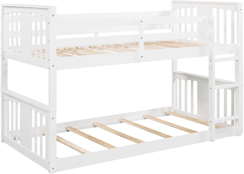 White Twin over Twin Low Bunk Bed Frame Wood Y6234