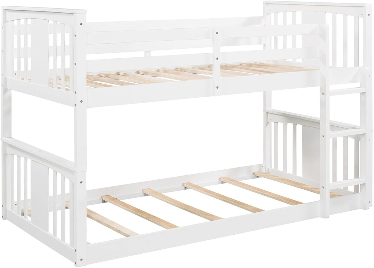 White Twin over Twin Low Bunk Bed Frame Wood Y6234