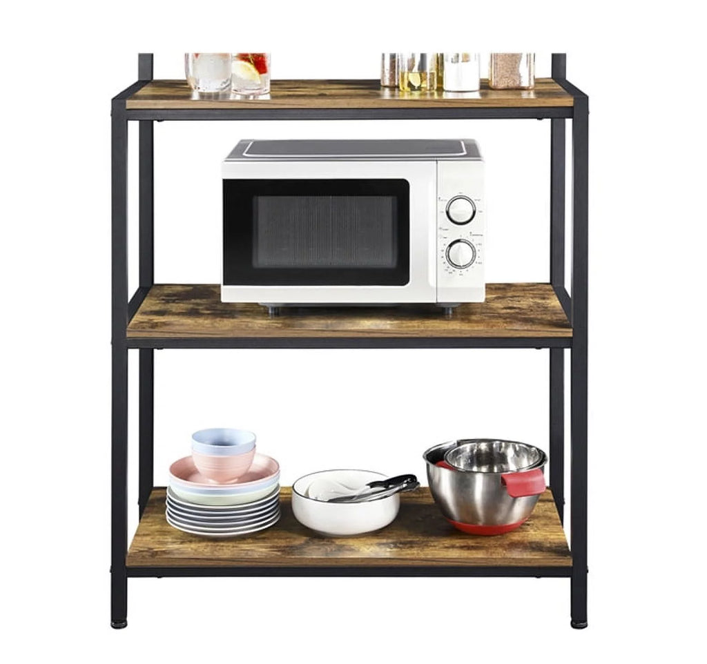 67" Wooden Rustic Brown Bakers Rack with 4 Storage Shelves & 10 Hooks O505