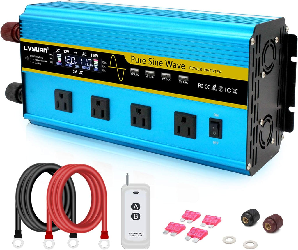 3000 Watt Pure Sine Wave Inverter 12V to 110V DC to AC with LCD Display 4 AC Sockets 4 USB Ports P5032
