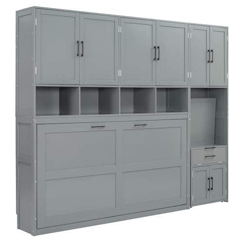 White Twin Size Wooden Murphy Bed with Closet Drawers Desk Q21229