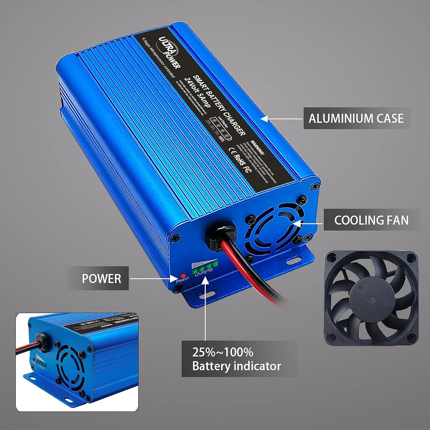 24 Volt 5-Amp Smart Battery Charger Maintainer Desulfator with I/O Switch M23037