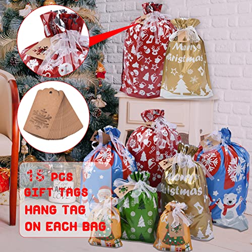 22pcs Drawstrings Christmas Gift Bags Assorted Sizes Reusable Plastic X778