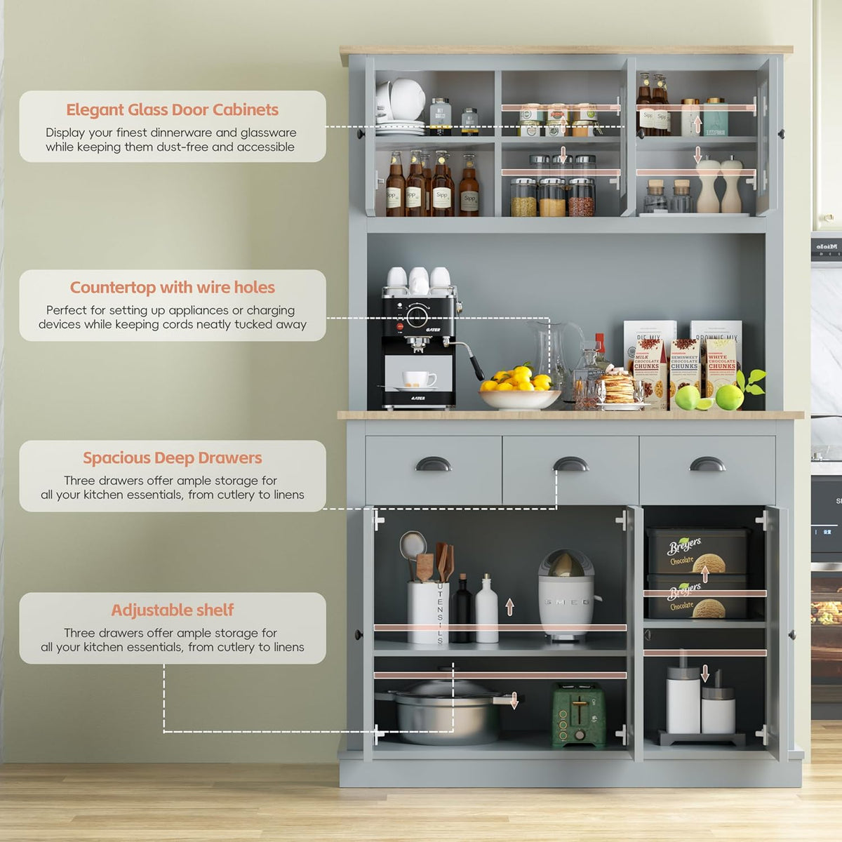Grey Kitchen Hutch Storage Cabinet with Countertop and Drawers P4529