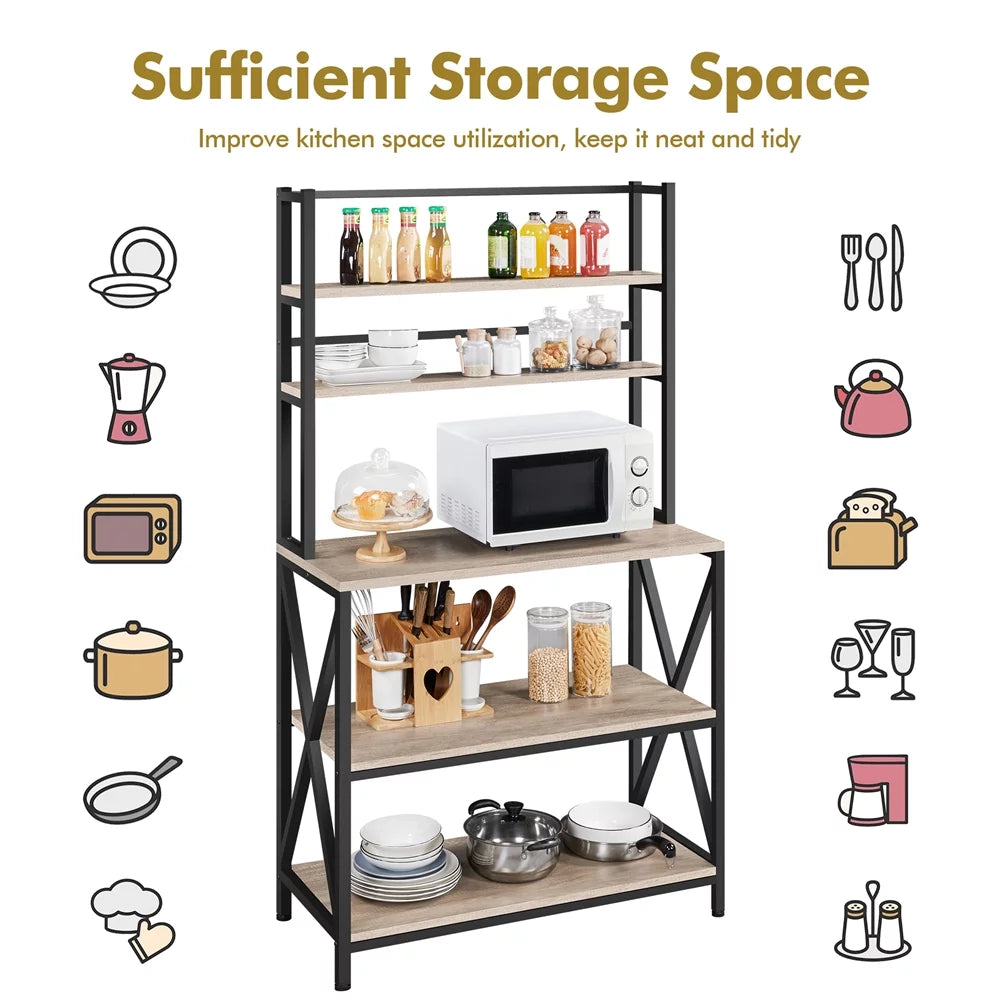 5-Tier Industrial Wood Baker’s Rack Storage Shelf, Gray Y443