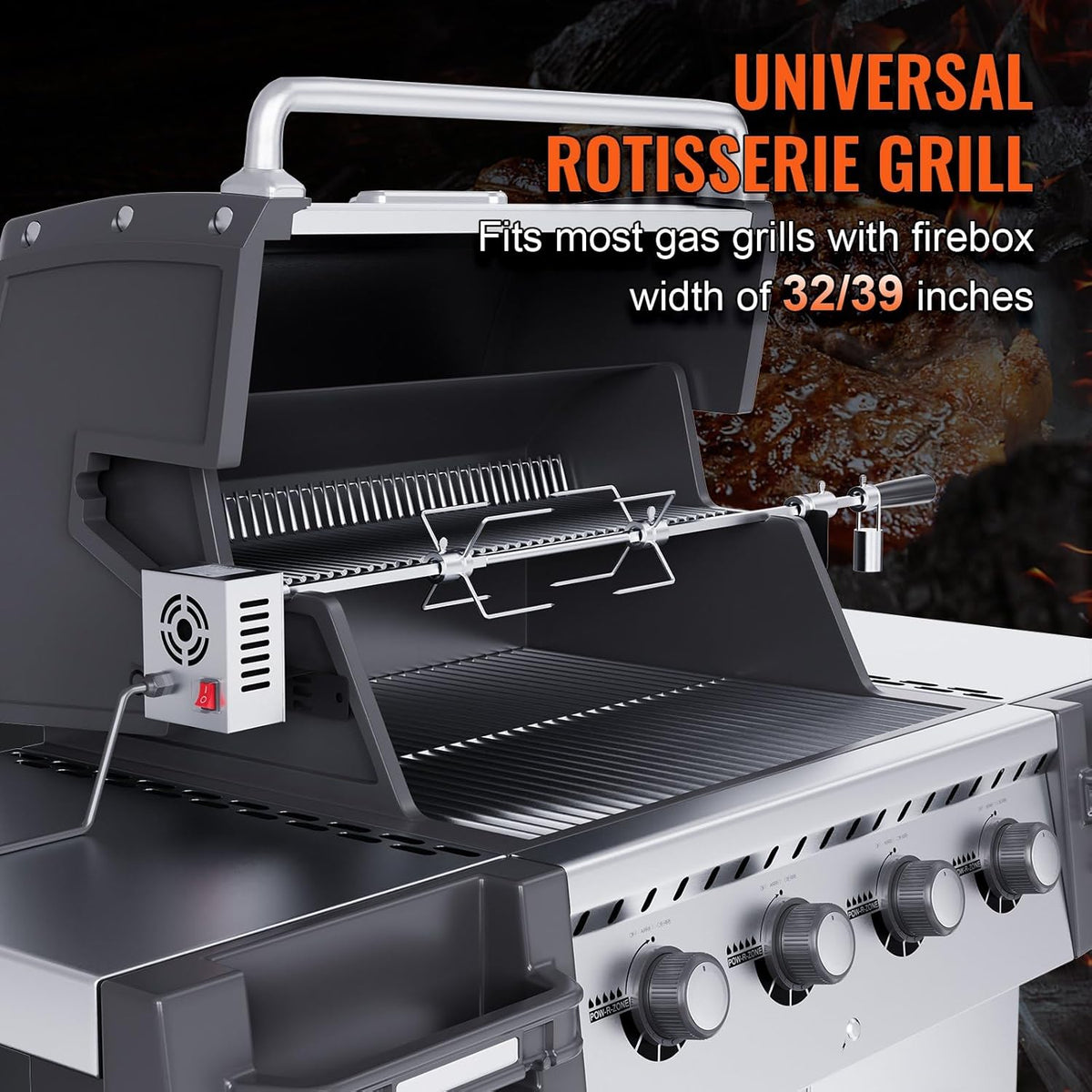 Heavy Duty Stainless Steel Grill Rotisserie Kit with 9W Motor - 32-Inch Hexagon Spit Rod - 26 Lbs Capacity O24442