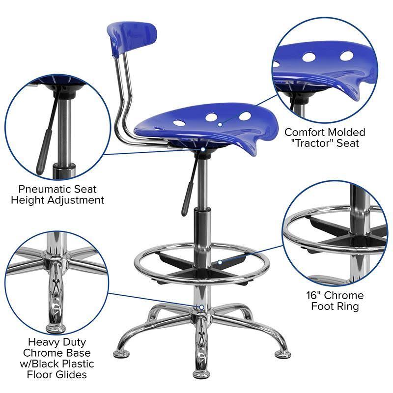 Nautical Blue and Chrome Drafting Stool with Tractor Seat U673943