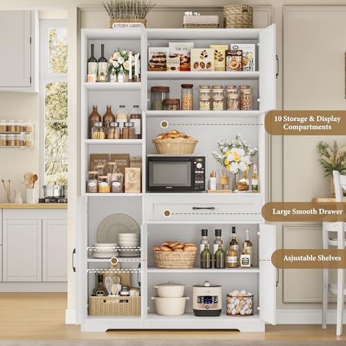 71" Tall Kitchen Pantry Storage Cabinet with Microwave Stand, Barn Doors, Large Drawer and Shelves, Ash Grey Q9326