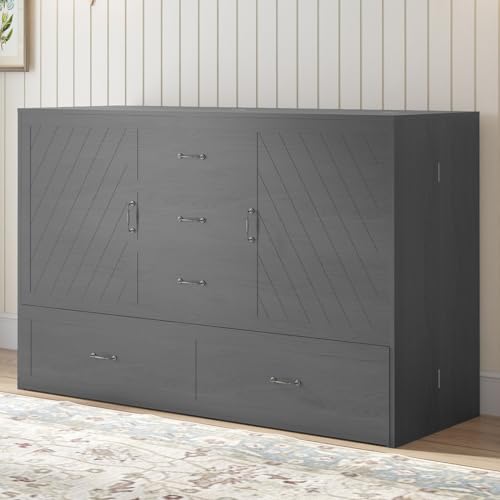 Queen Size Solid Wood Murphy Bed with Foam Mattress and 2 Storage Drawers R108855