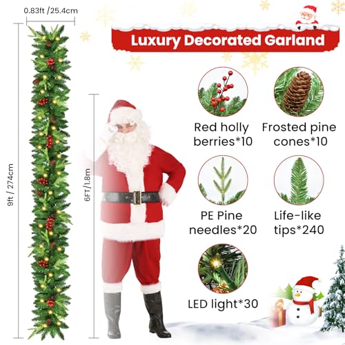 9ft Pre-Lit Artificial Christmas Garland with Pine Cones & Red Berries G44786