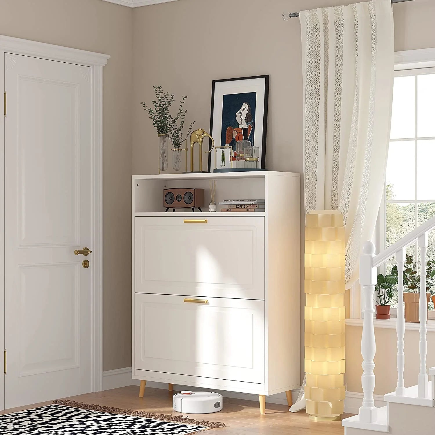 White Narrow Shoe Cabinet with 2 Flip Drawers K448817