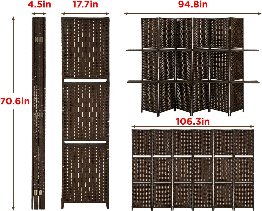Brown 6 Panel Wooden Folding Room Divider with Shelves S412161