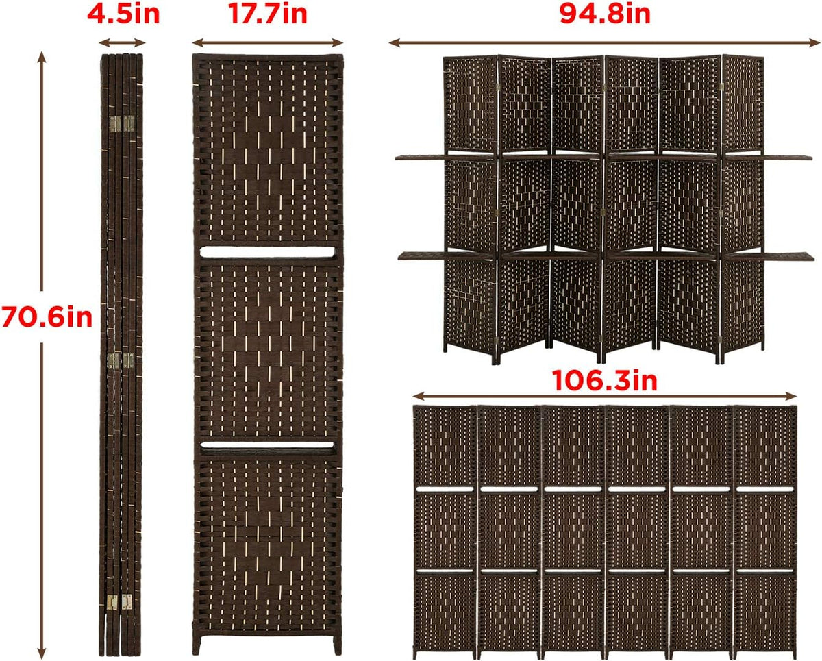 Brown 6 Panel Wooden Folding Room Divider with Shelves S412161