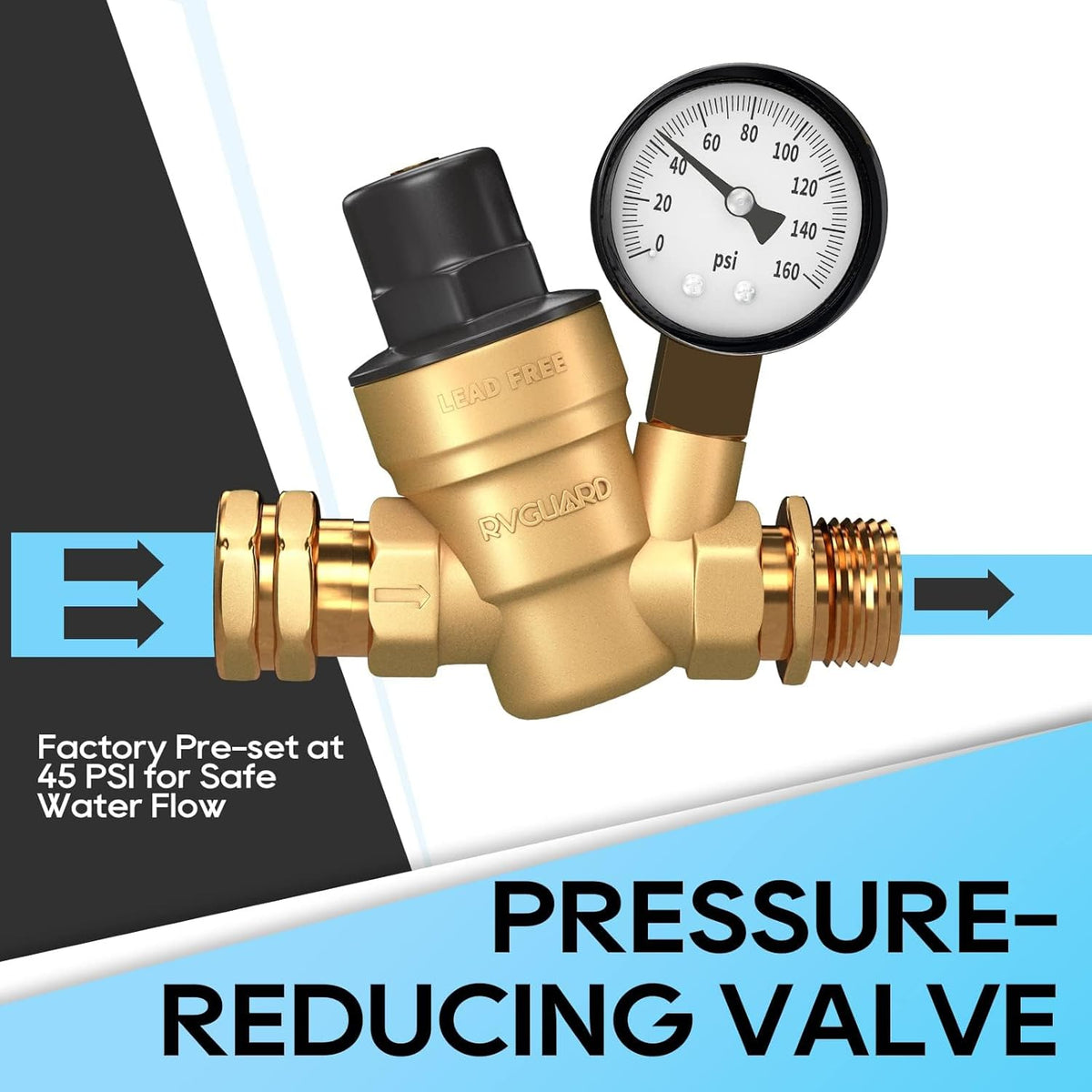 Brass Lead-Free Adjustable RV Water Pressure Regulator Valve with Gauge and Inlet Screen Filter B382