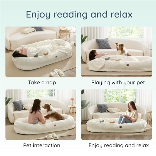 Ivory White 72"x40"x10" Faux Fur Orthopedic Foam Dog Bed with Blanket X7031