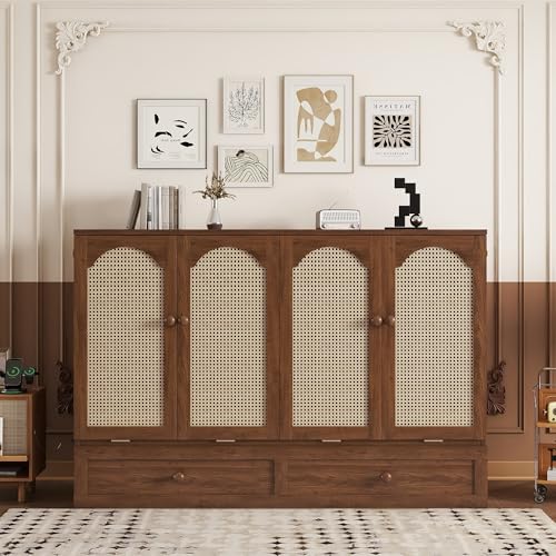 Queen Murphy Bed Cabinet with Charging Station & Rattan Design – Wall Bed with Large Storage Drawer, Foldable Platform Bed – Pine Wood Construction, Walnut L94620