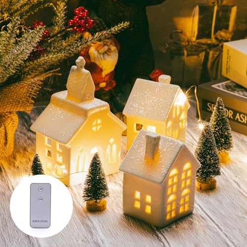 7 Pcs Christmas Porcelain Village Tabletop Figurine LED House Decorations N68476
