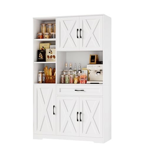 71" Tall Kitchen Pantry Storage Cabinet with Microwave Stand, Barn Doors, Large Drawer and Shelves, Ash Grey Q9326
