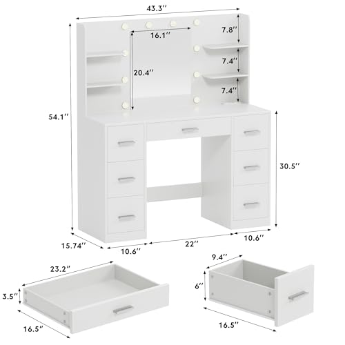 White Vanity Desk with LED Lighted Mirror and 7 Drawers P881489