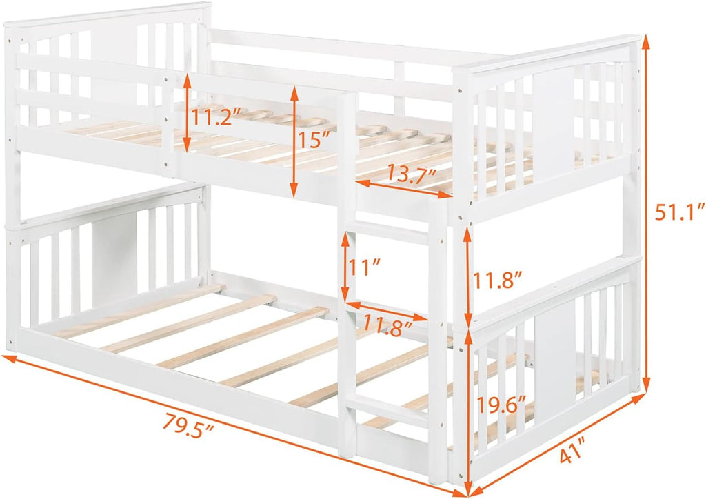 White Twin over Twin Low Bunk Bed Frame Wood Y6234