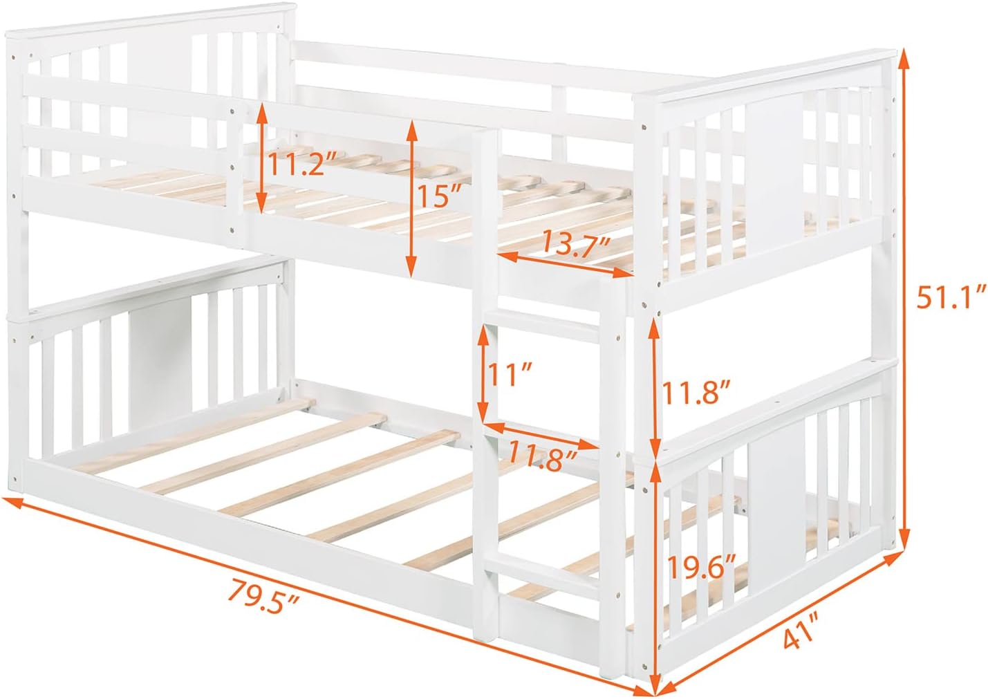 White Twin over Twin Low Bunk Bed Frame Wood Y6234