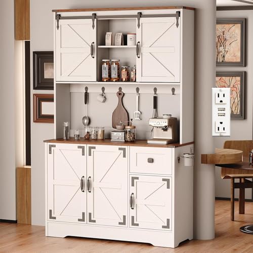 White Kitchen Pantry Cabinet with Charging Station and Microwave Stand X655
