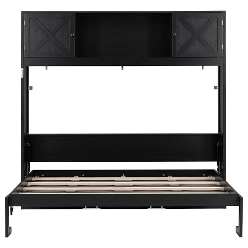 Black Full Horizontal Murphy Bed with Shelves and Storage Bookcase Z733736