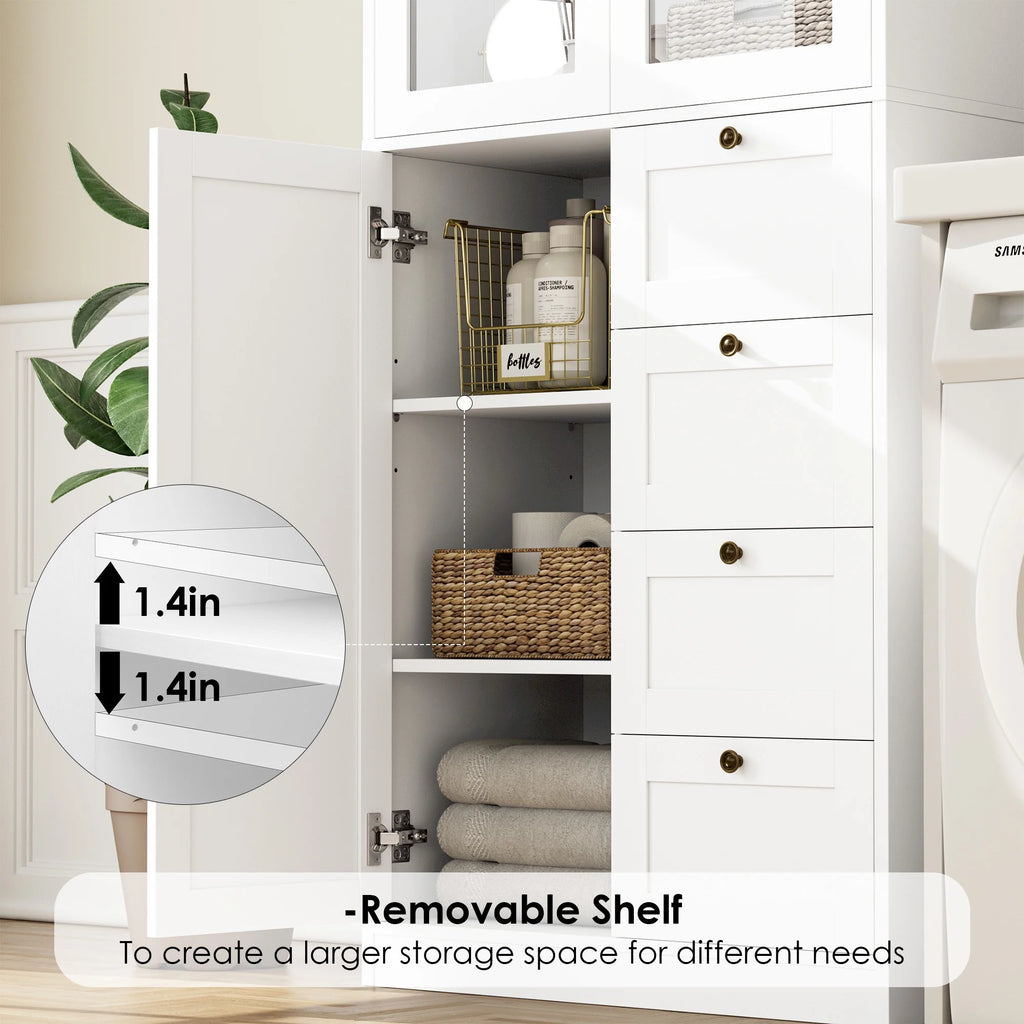 White 70.9" Bathroom Cabinet with Glass Doors and 4 Drawers G7474