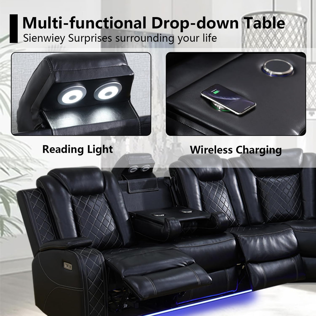 Black Leather Power Reclining Sectional Sofa P1874