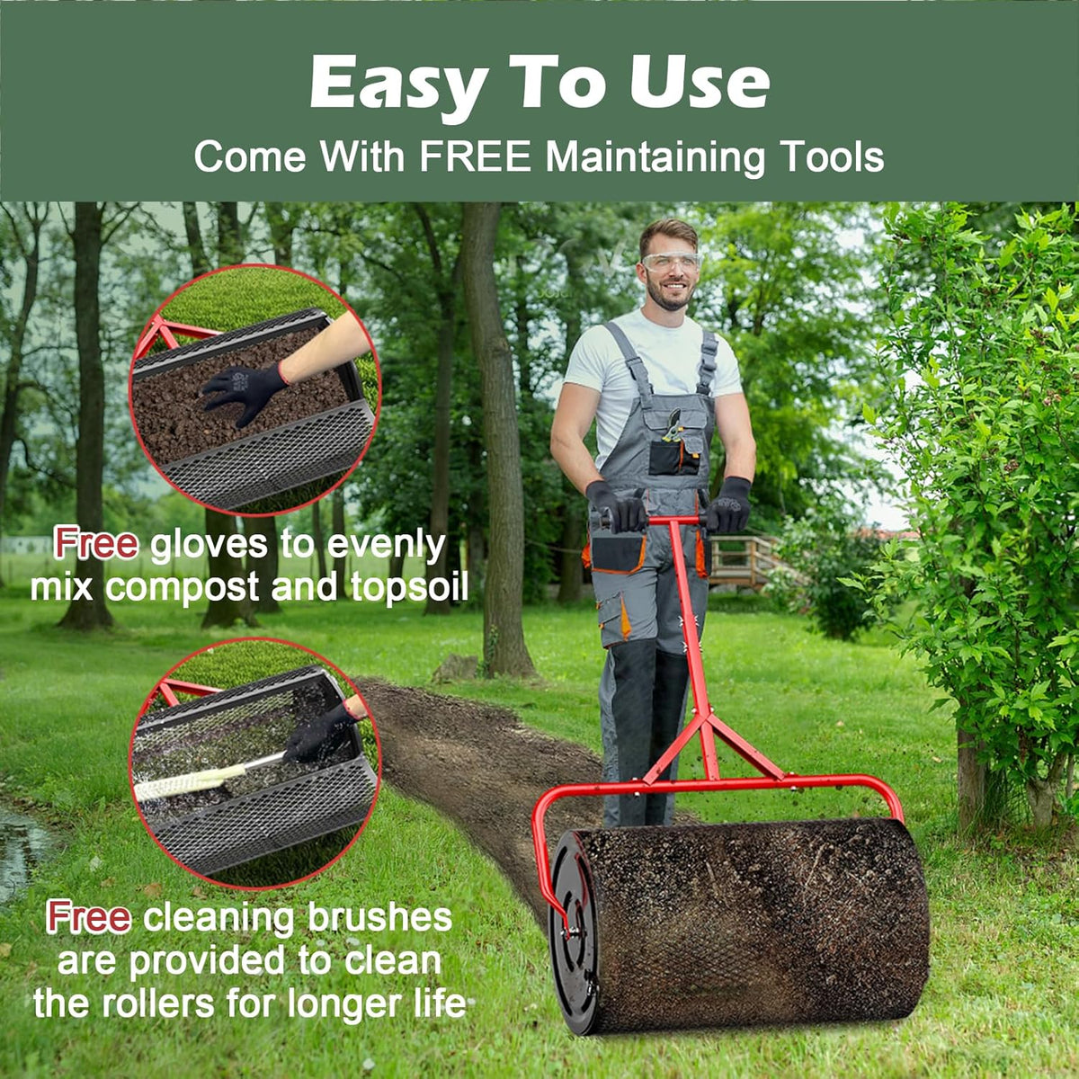 24 Inch Compost Roller Spreader with Adjustable T-Shaped Handle U773