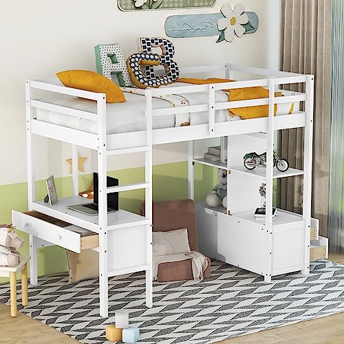 Full Size Solid Wood Loft Bed Frame with Desk and Storage H167