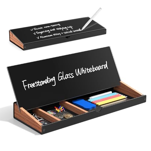 Small White Glass Dry Erase Board with Aluminum Frame and Wooden Storage Compartment D553