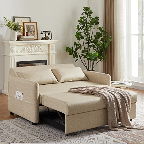 Convertible Sleeper Sofa Bed 57 Inches Velvet 2 Seats with Pull Out Bed Adjustable Backrest 2 Pillows Side Pocket Light Brown K15268