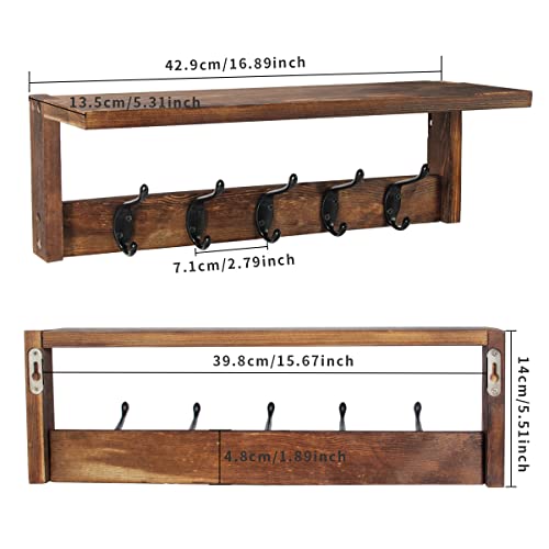 2 Pack Rustic Brown Wood Wall Mount Coat Rack with Shelf X970237