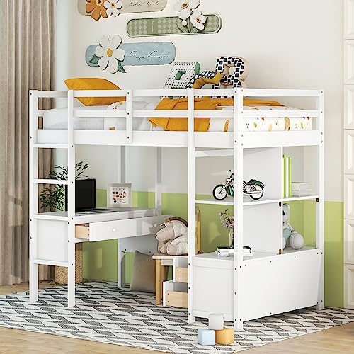 Full Size Solid Wood Loft Bed Frame with Desk and Storage H167
