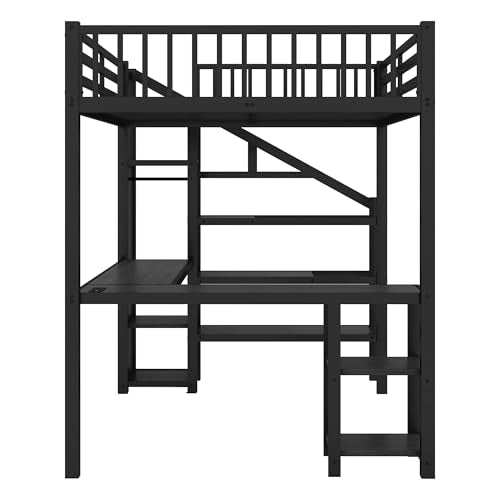 Black Full Size Metal Loft Bed with L-Shaped Desk and USB Port S44209