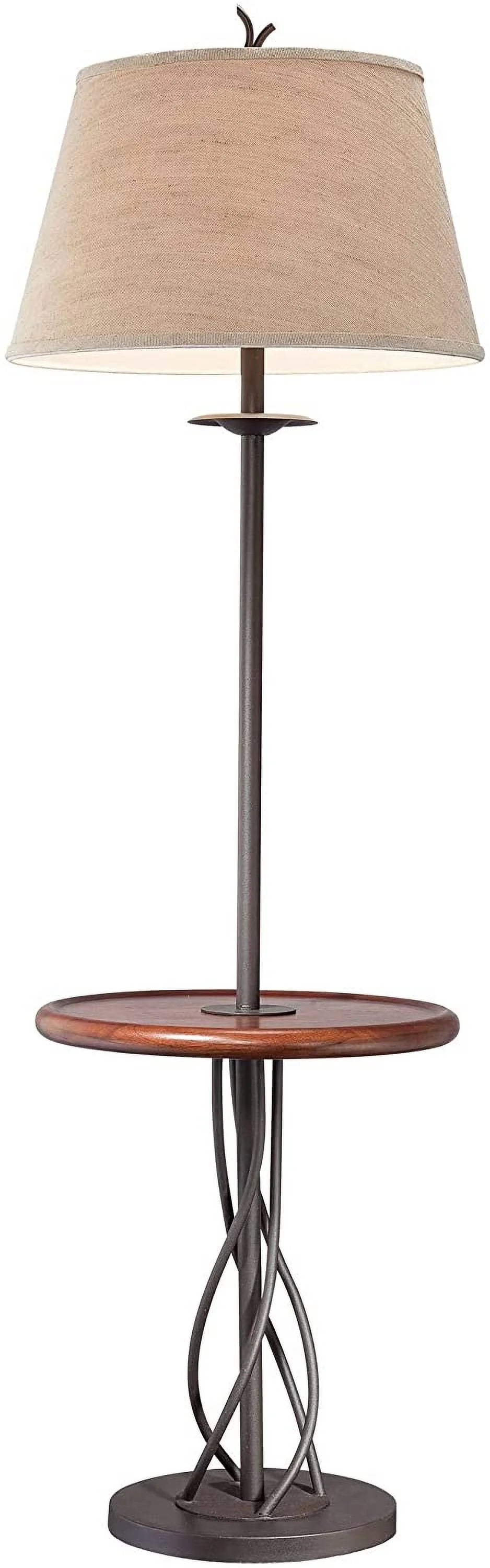 Rustic Farmhouse Floor Lamp with Tray End Table 63.5" Tall Wood Twisted Iron Base Brown Linen Fabric Tapered Drum Shade A599932