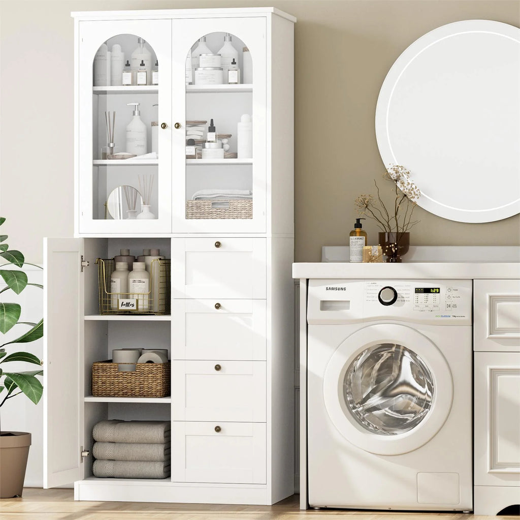 White 70.9" Bathroom Cabinet with Glass Doors and 4 Drawers G7474