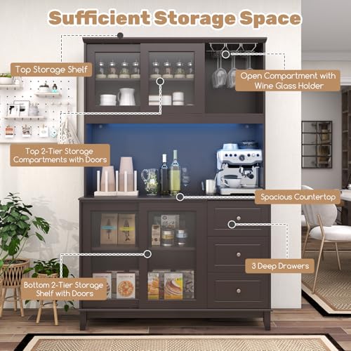 73" Kitchen Pantry Storage Cabinet with LED Lights & Power Outlet, Wine Glass Racks, Adjustable Shelves, Drawers (Espresso) C987129